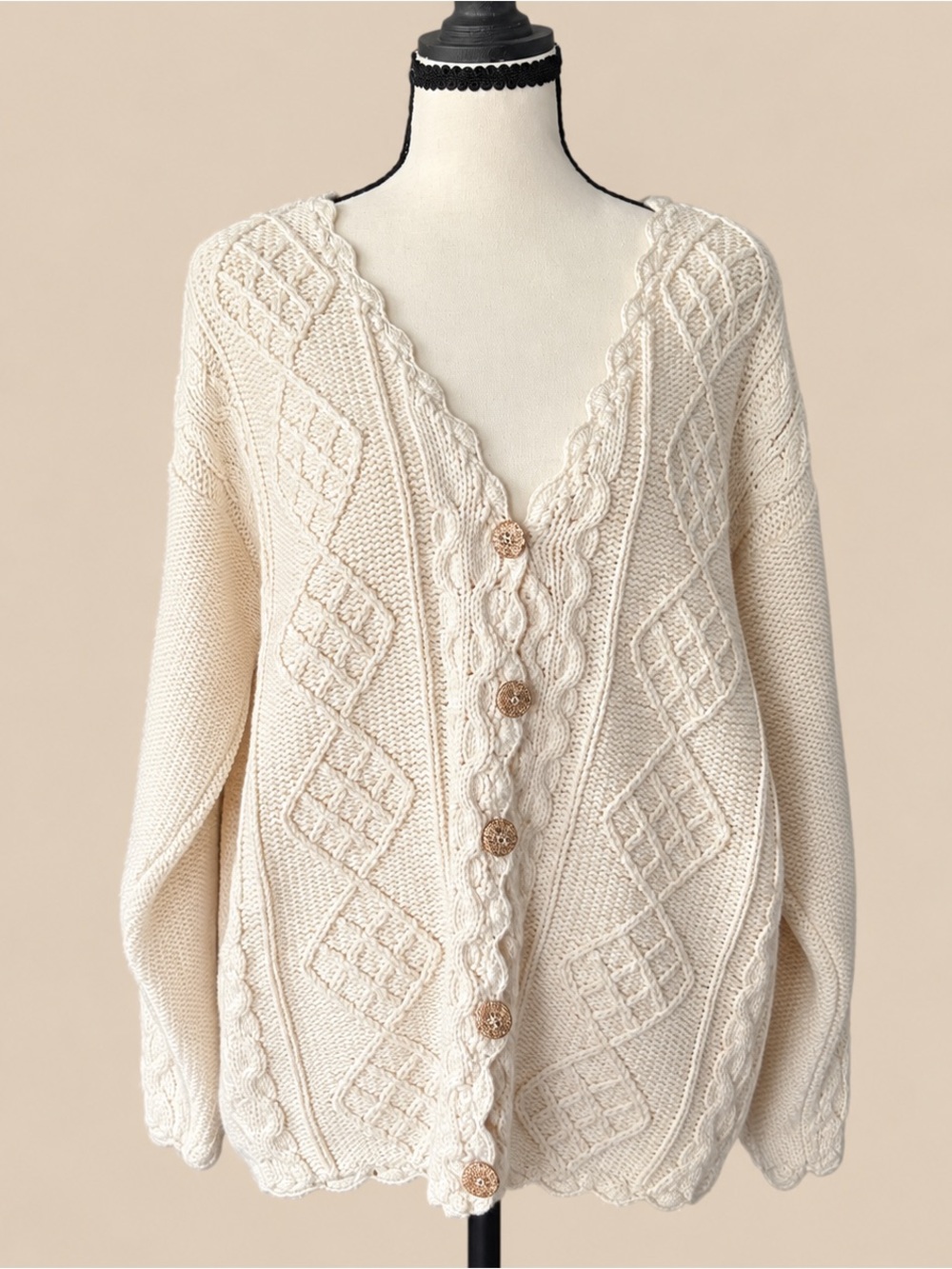 CottageCore Hand-Knit Cable Cardigan L
